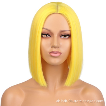 Short Heat Resistant Synthetic Yellow Bob Straight Fiber Hair Wigs For White Black Women Fashion Cosplay Wigs